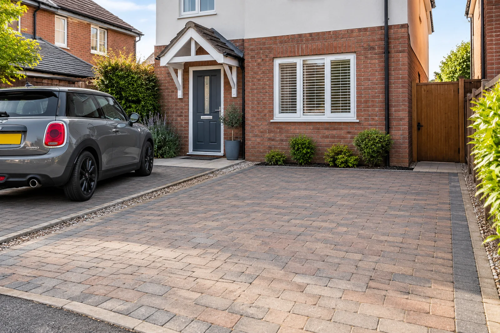 Empty driveway kept clear of cars and movable obstructions
