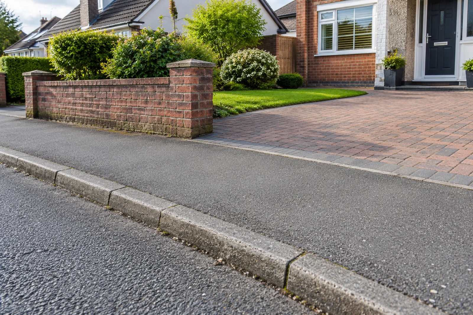 Private driveway beside a clear public pavement