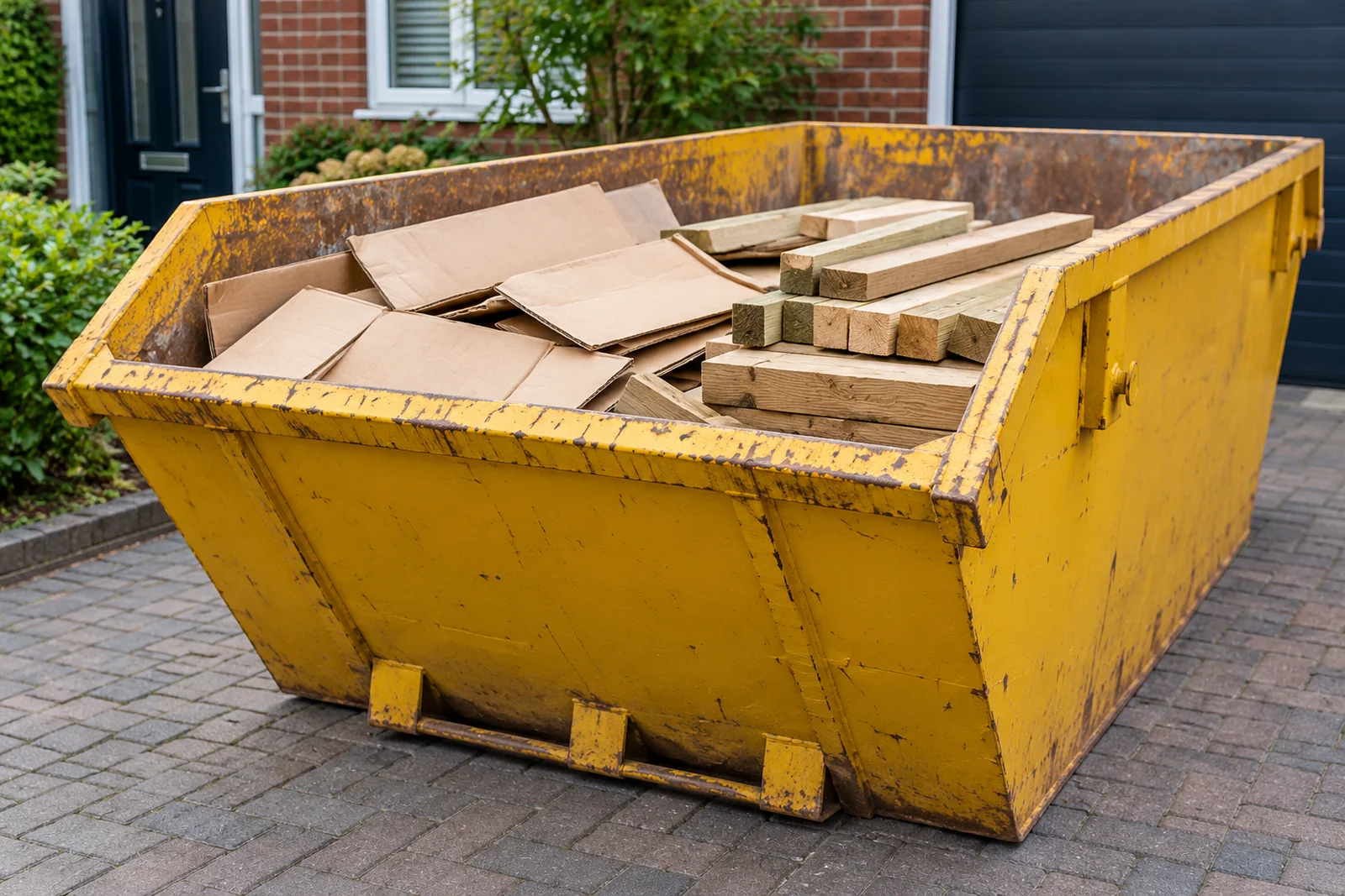 Ordinary timber and cardboard loaded below a skip rim