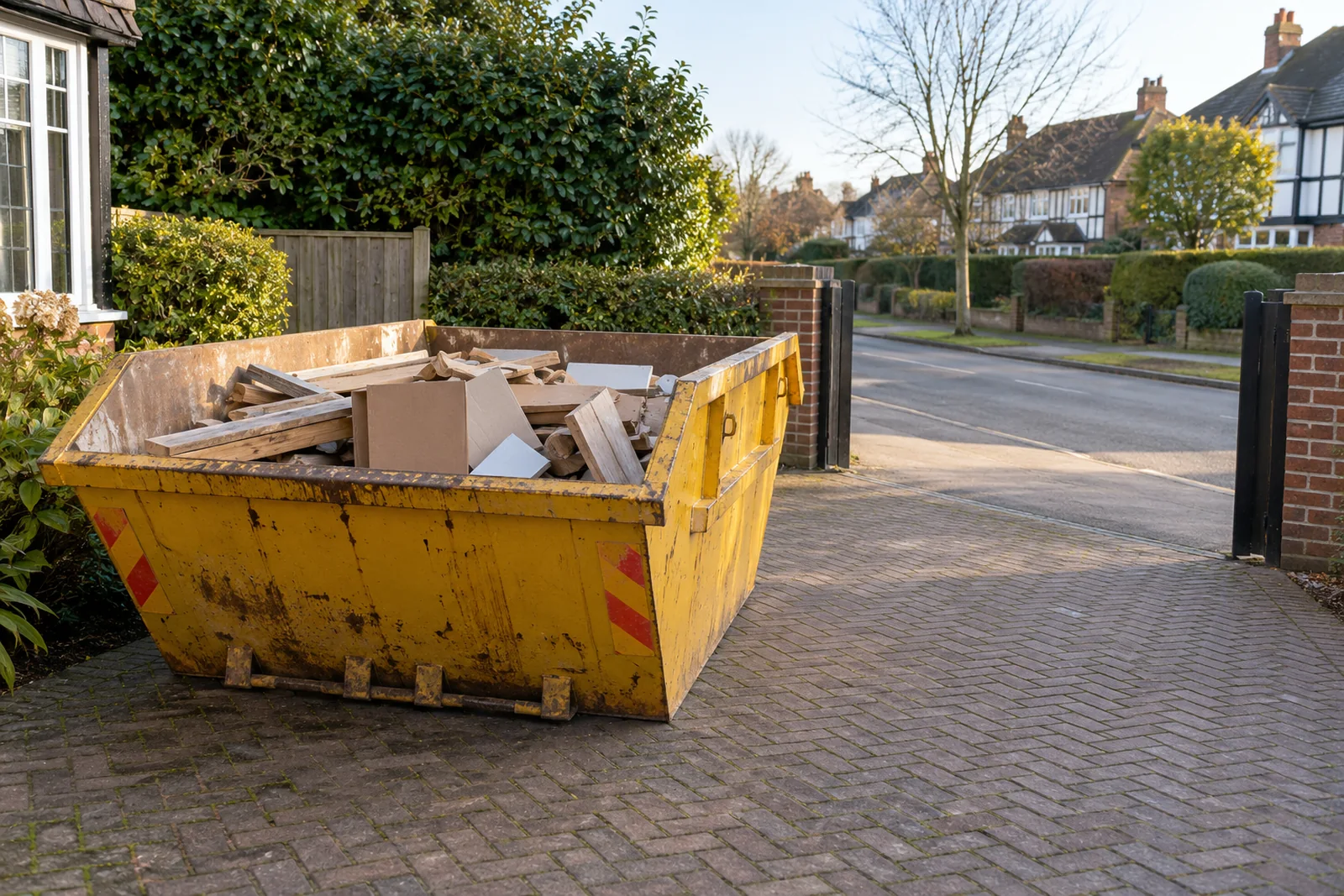 Loaded skip ready for collection with an unobstructed vehicle route