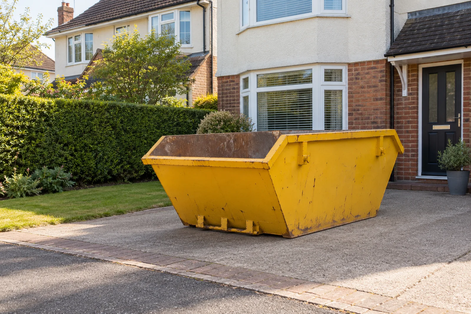 Yellow skip on a modest UK driveway with clear access