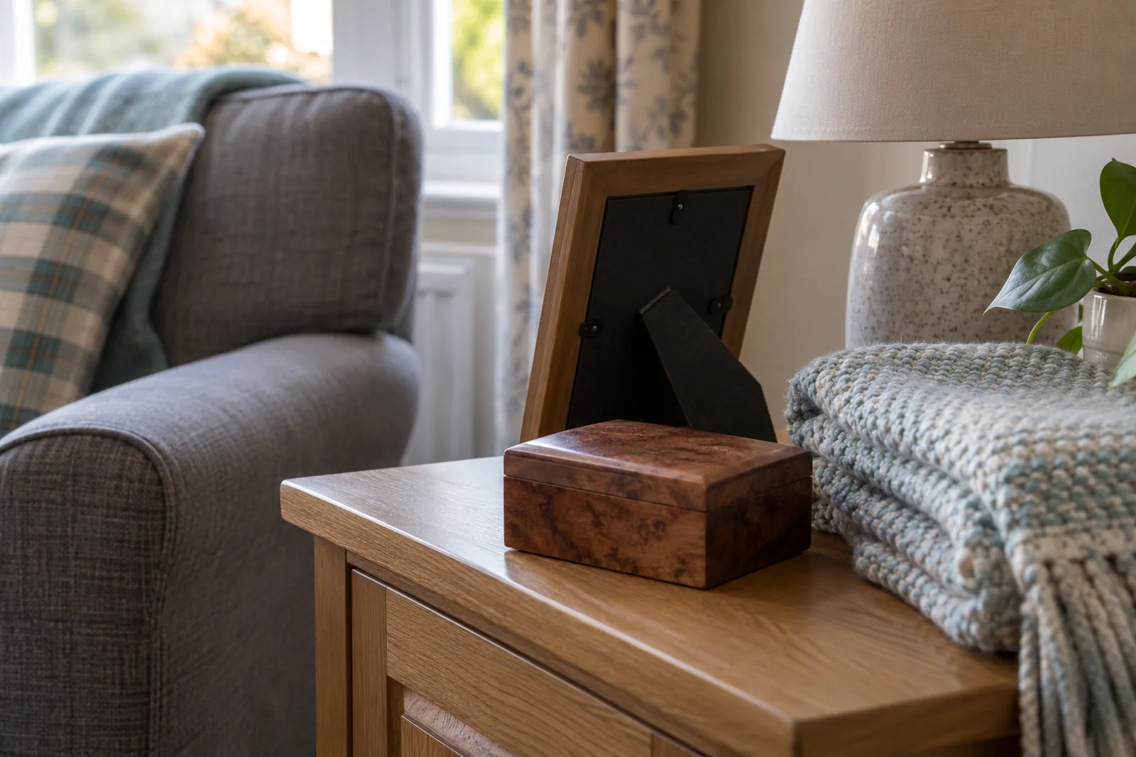 A keepsake box and folded blanket protected on a side table
