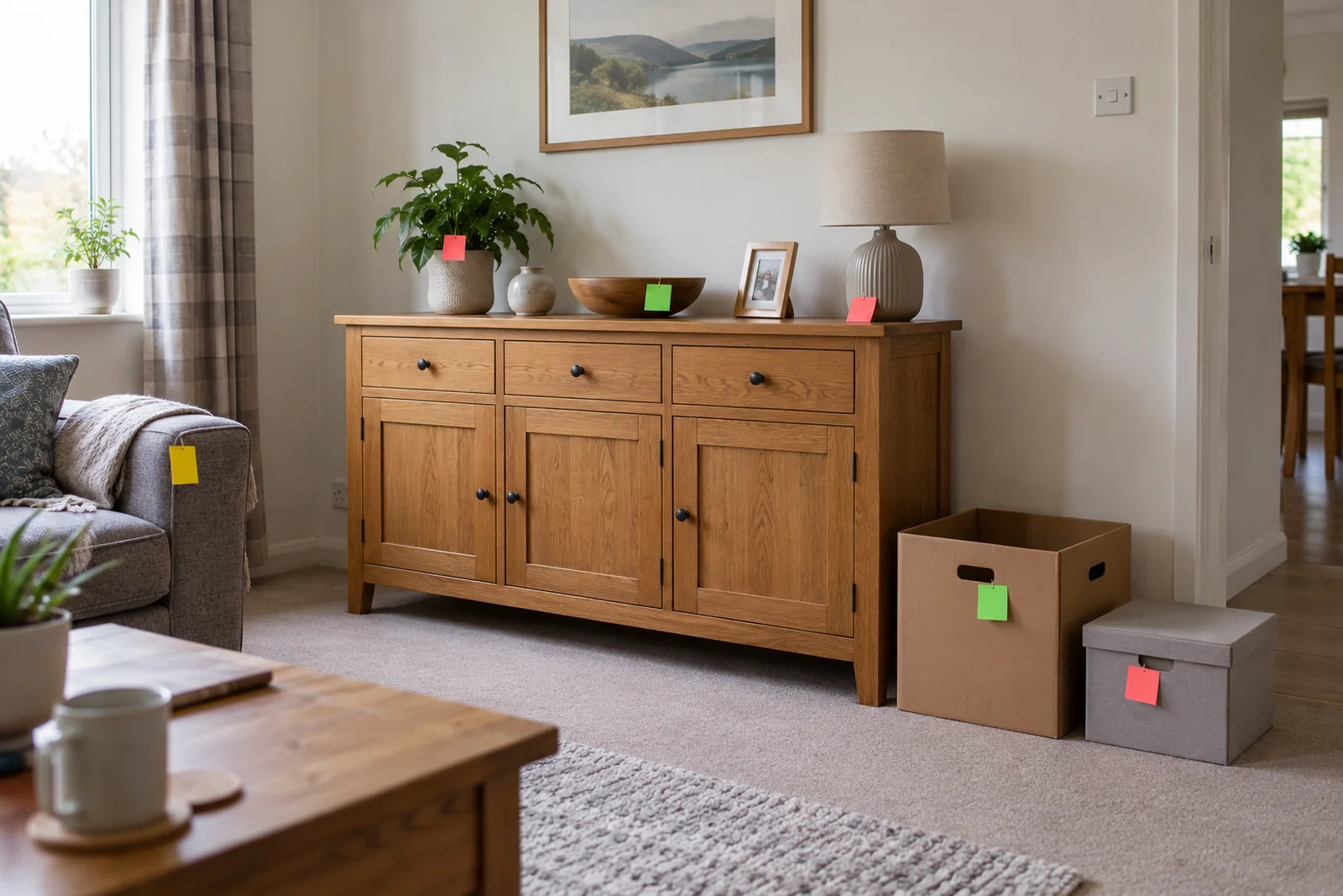 Furniture and small boxes kept apart while clearout decisions are made
