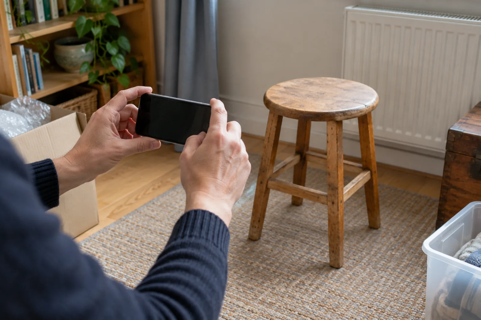 An adult photographing a wooden stool for a shared belongings list