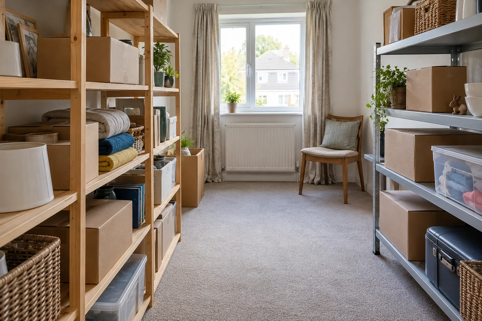Small clearout boxes grouped on shelves with a clear walkway through a spare room