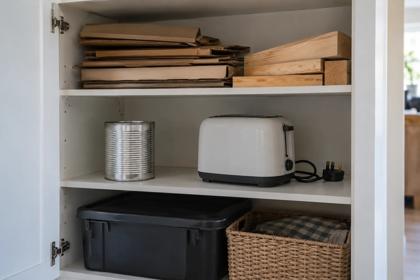 Ordinary cardboard and timber kept separate from an electrical appliance and a closed tin