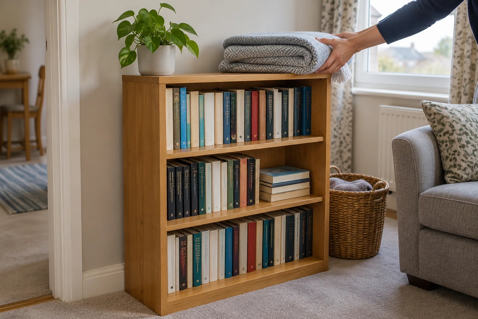 A small bookcase and useful household belongings set aside for reuse