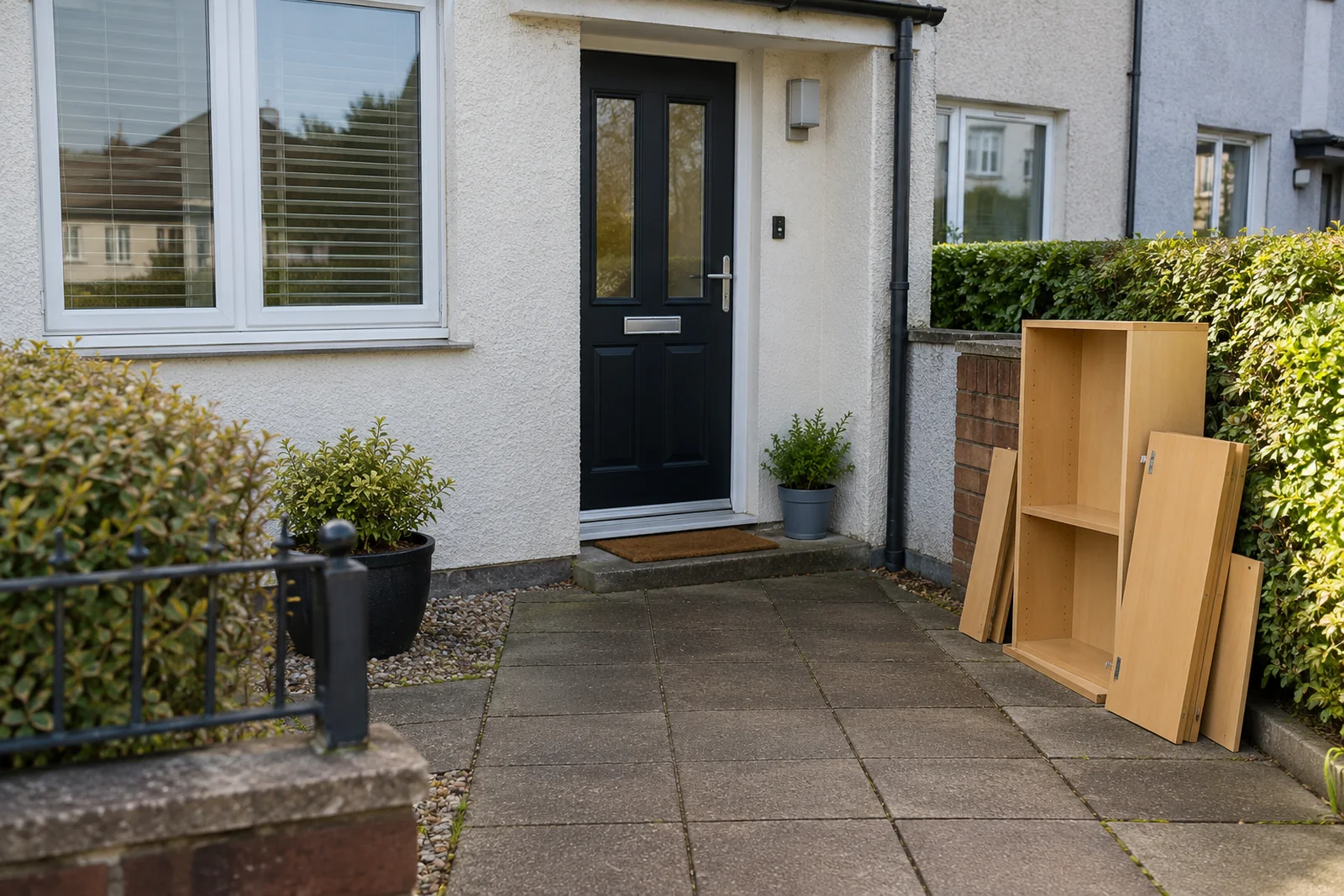 Clear paved approach to a terraced home with dismantled shelving kept to one side