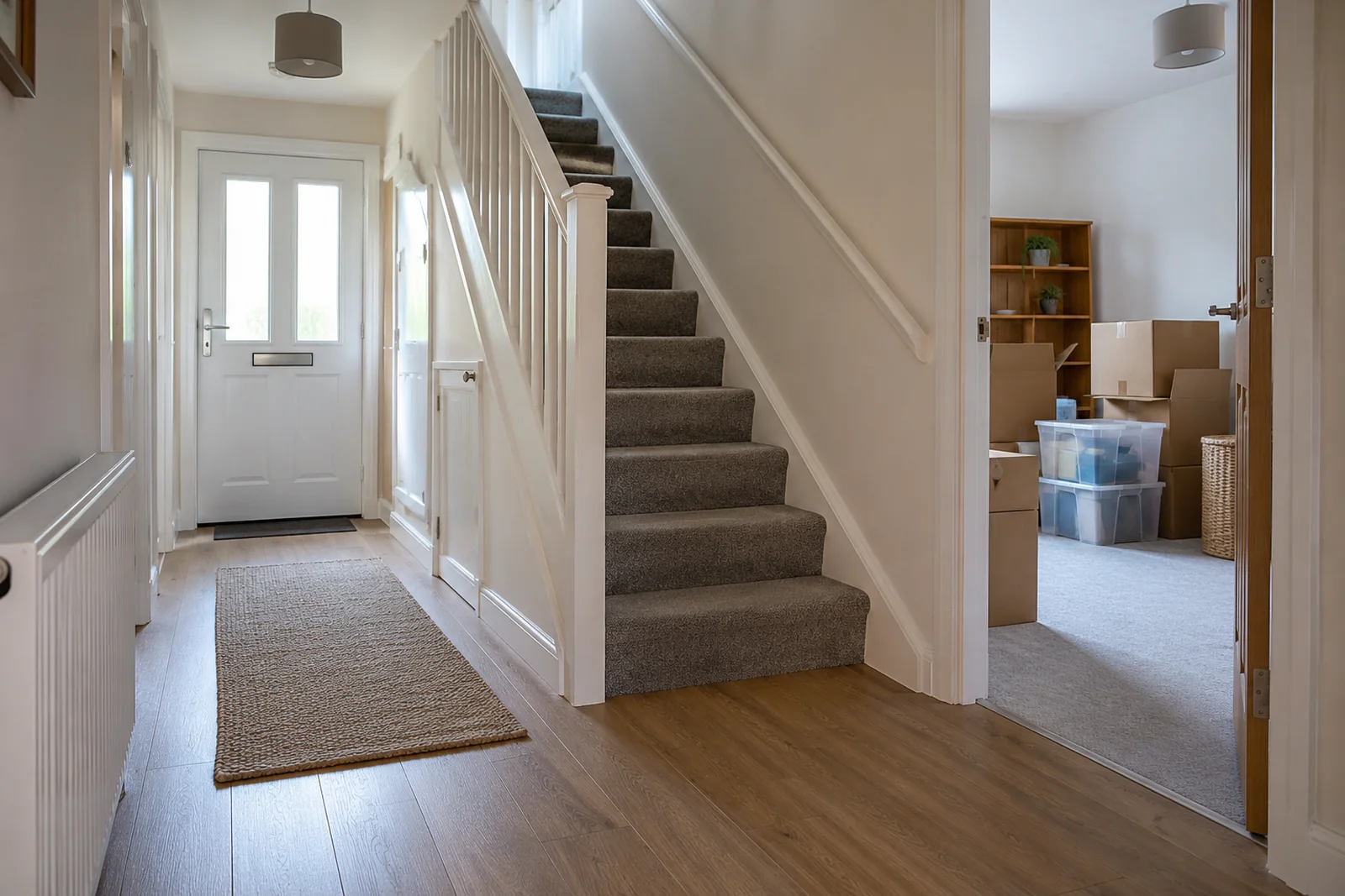 Clear hallway beside a staircase with boxes kept inside a room