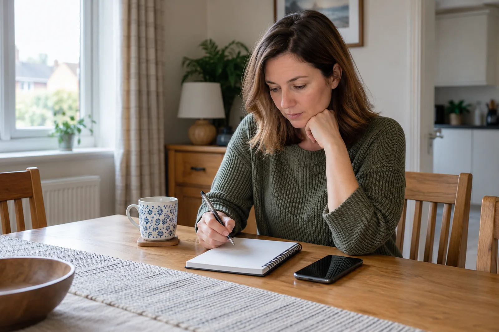 An adult checking a plain notepad beside a phone before arranging collection