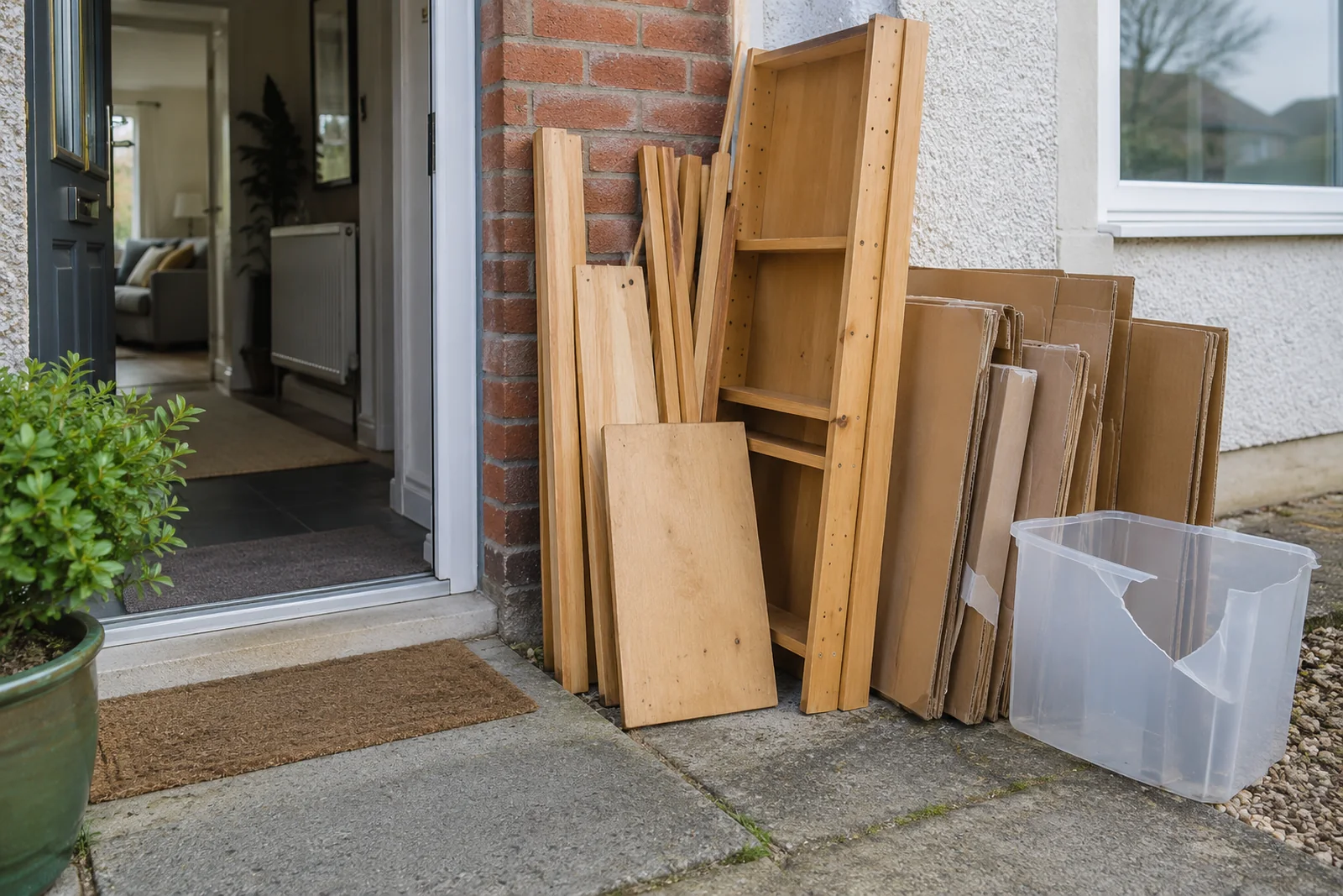 An agreed load of dismantled shelving and cardboard kept separate from household belongings