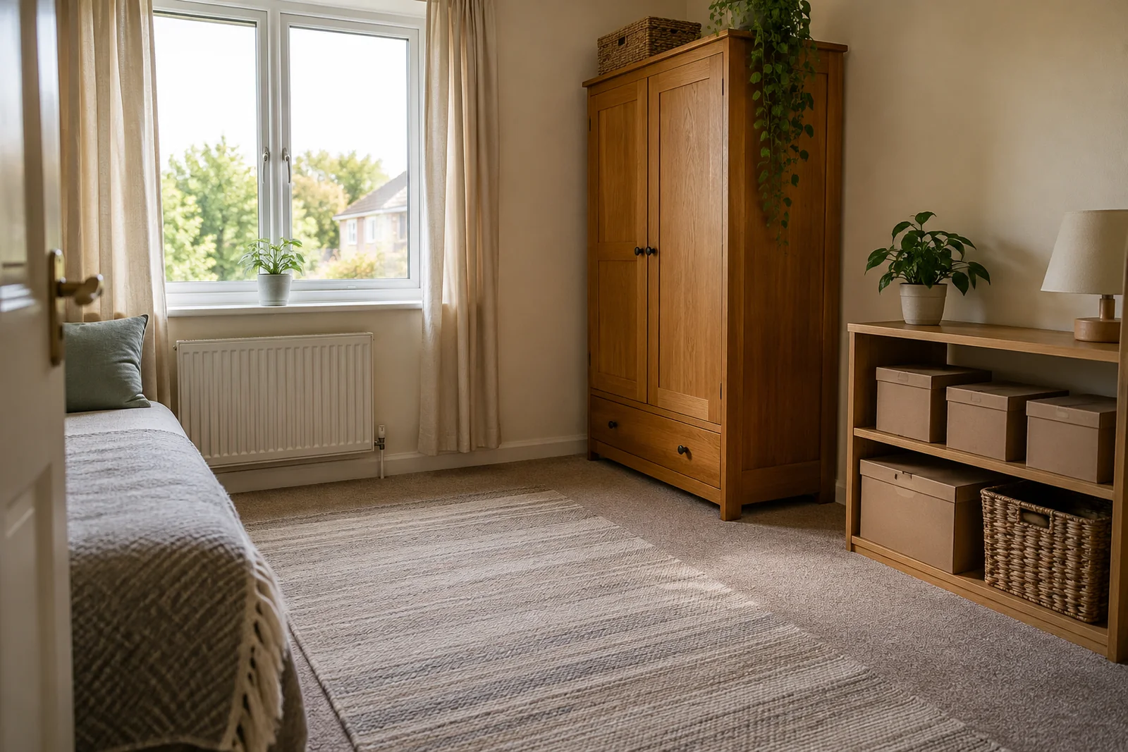 A sorted spare room with belongings stored neatly and a clear walkway