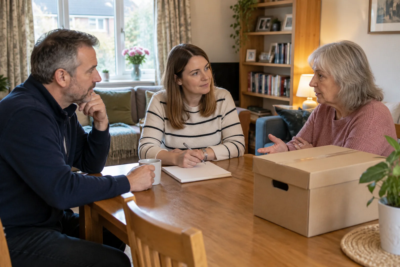Three adults discussing a house clearout around a dining table