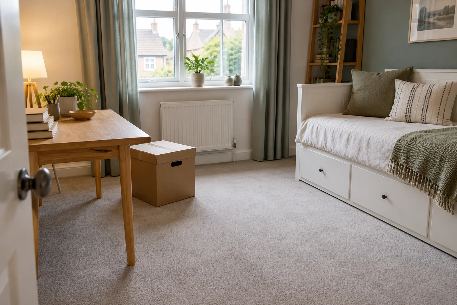A spare bedroom with a small box set aside and plenty of clear floor