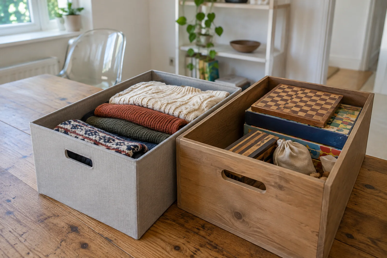 Clothing and board games sorted into two separate boxes
