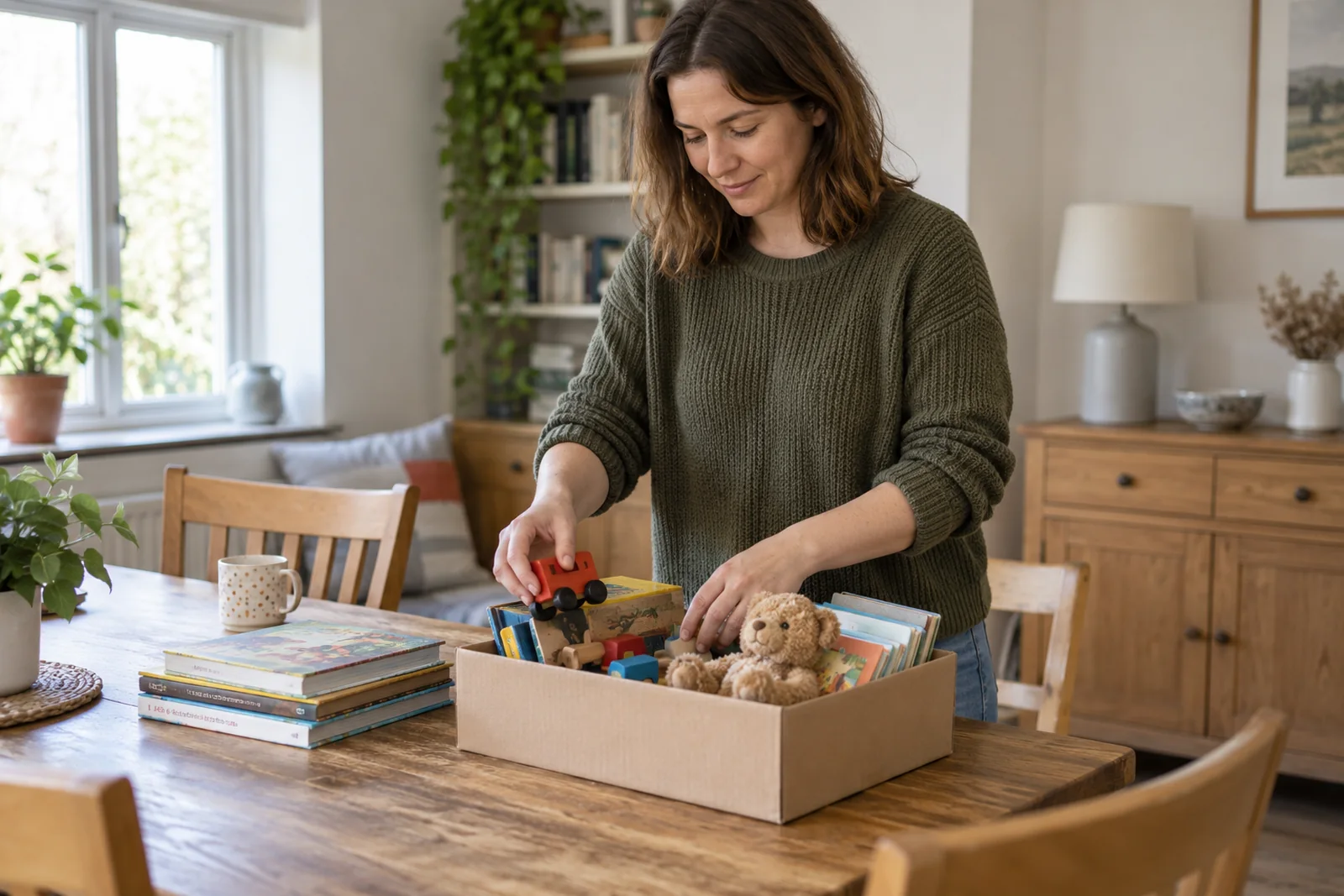 An adult sorting a small box of toys and books at a table