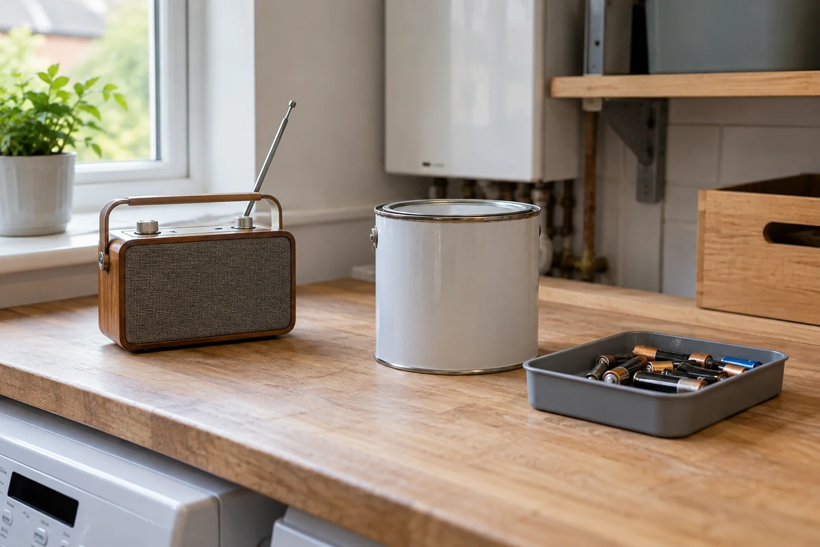 A radio, closed paint tin and batteries kept separately on a worktop