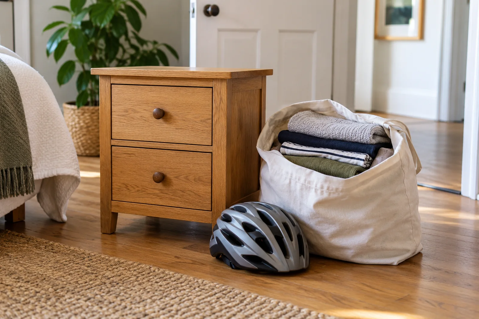 A small cabinet, folded clothing and a bicycle helmet set aside for reuse