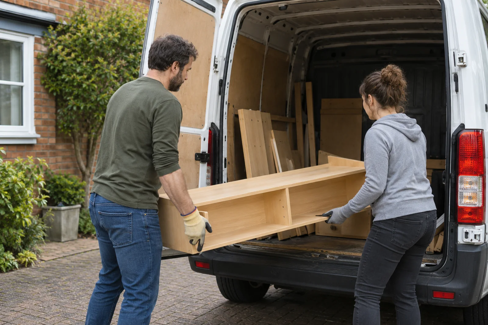 Two adults loading a small wooden shelving unit into a plain white van
