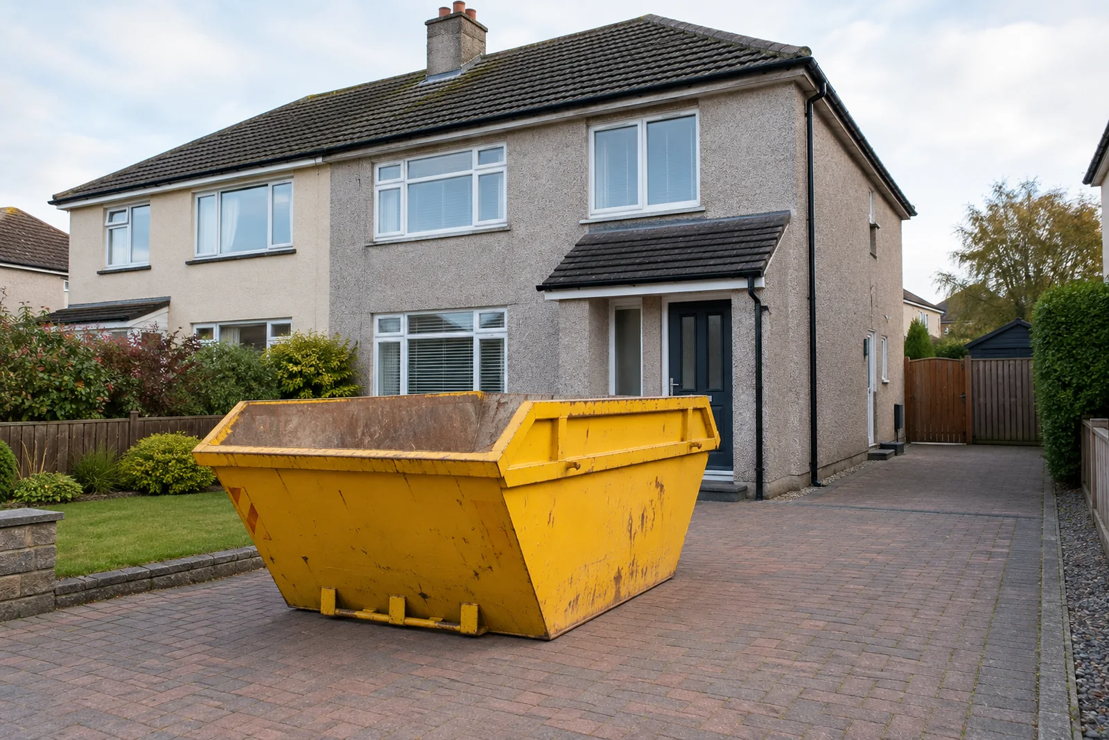 An open skip positioned on a private driveway with the entrance clear