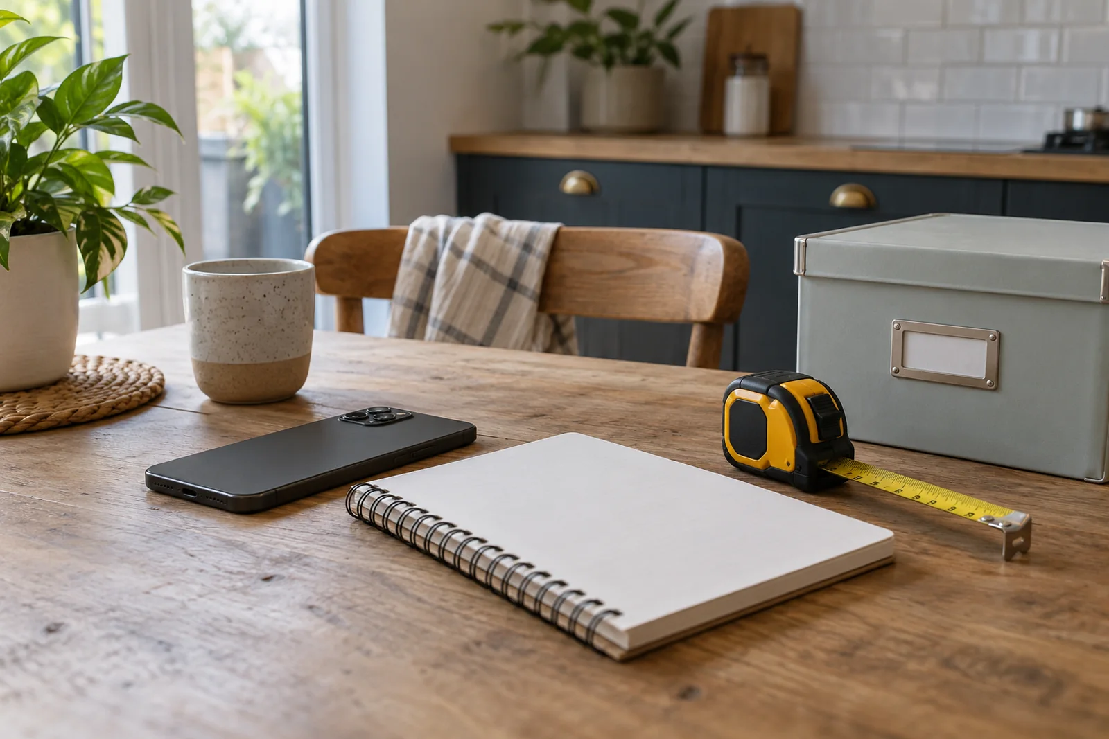 A phone, plain notepad and tape measure beside a storage box