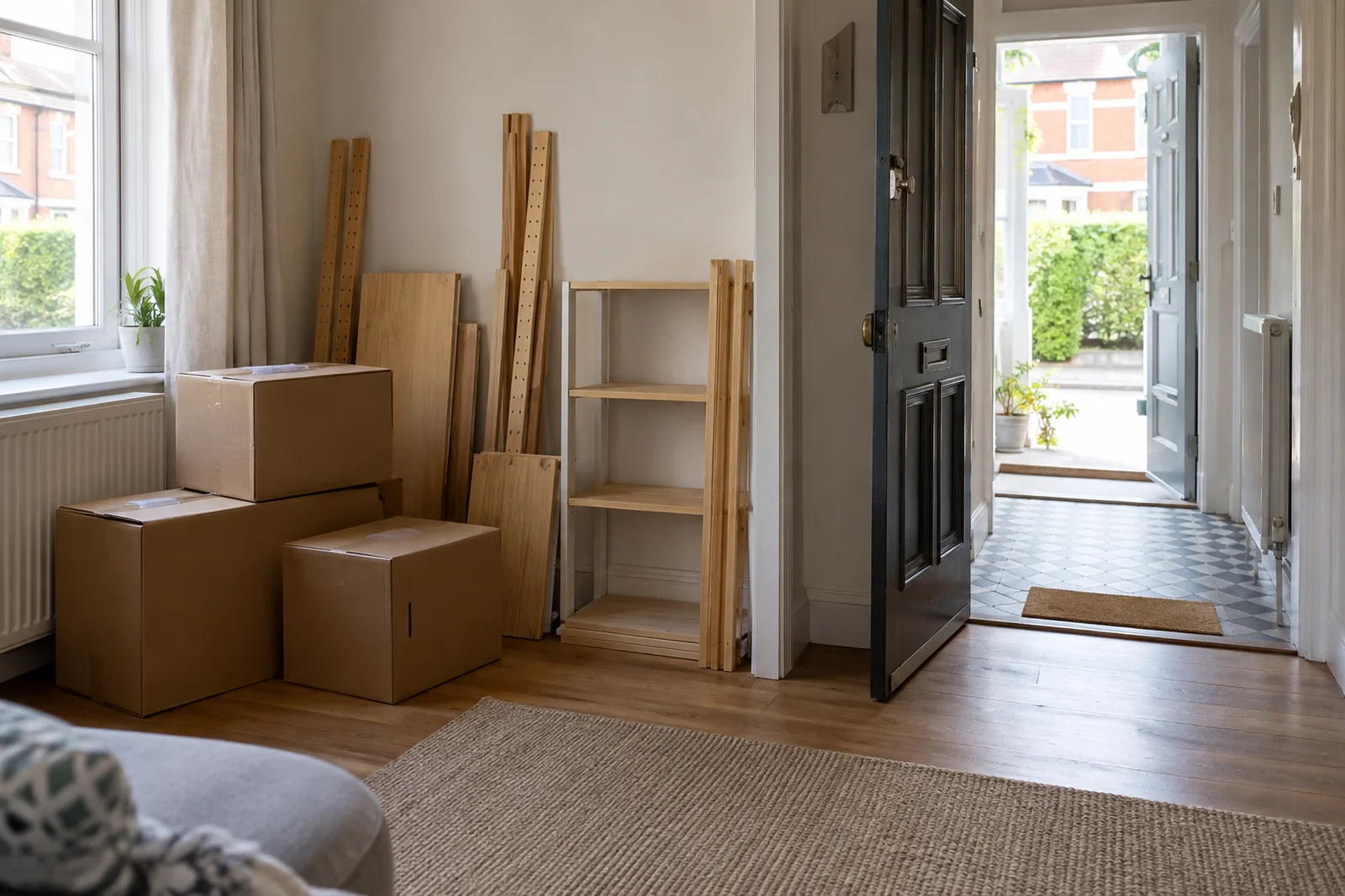 Small boxes and dismantled shelving kept inside a room beside a clear hallway