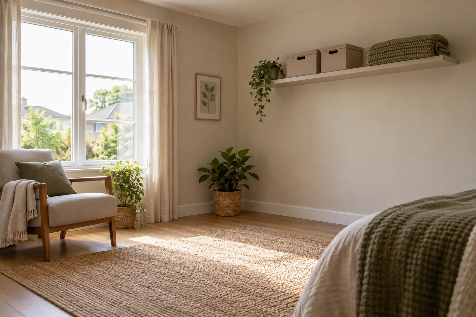 A tidy spare room with two storage boxes on a shelf and a clear floor