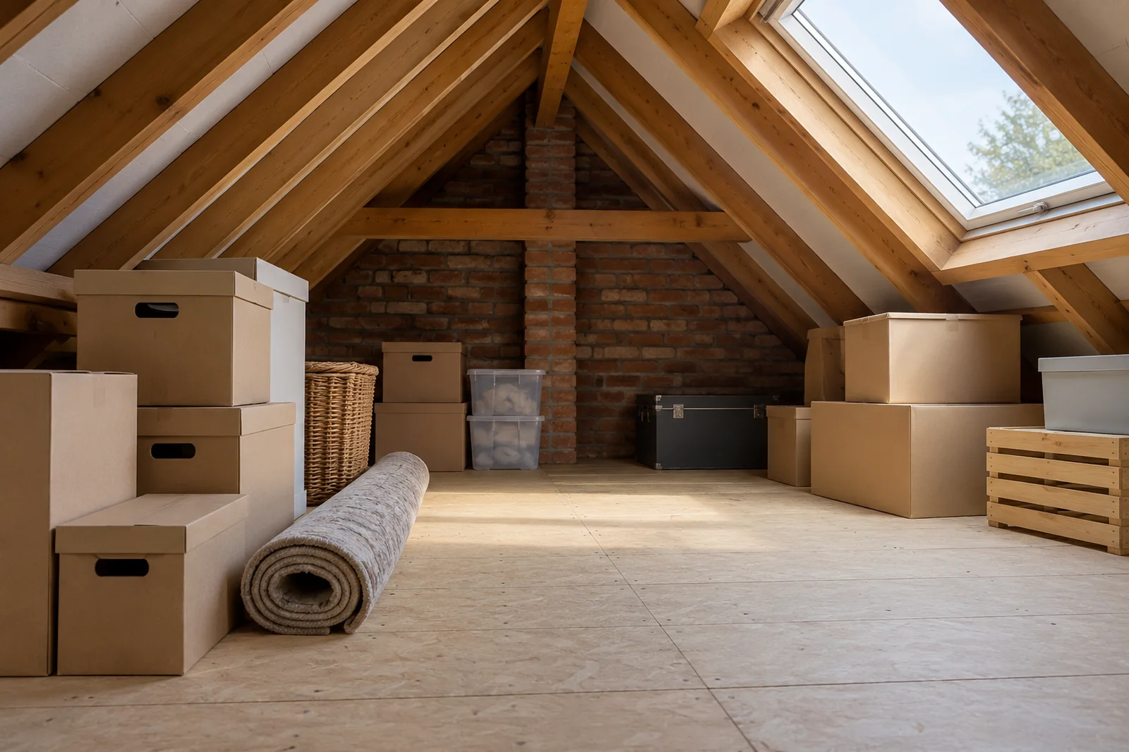 Small boxes and a rolled rug stored neatly on a boarded loft floor