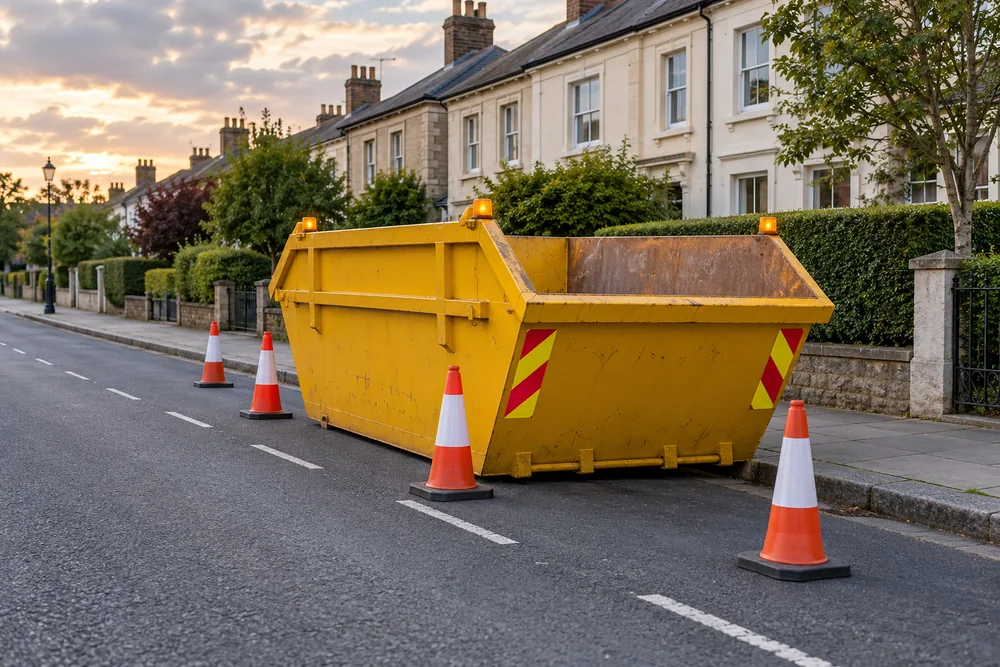 Yellow skip on a residential road with cones and safety lamps