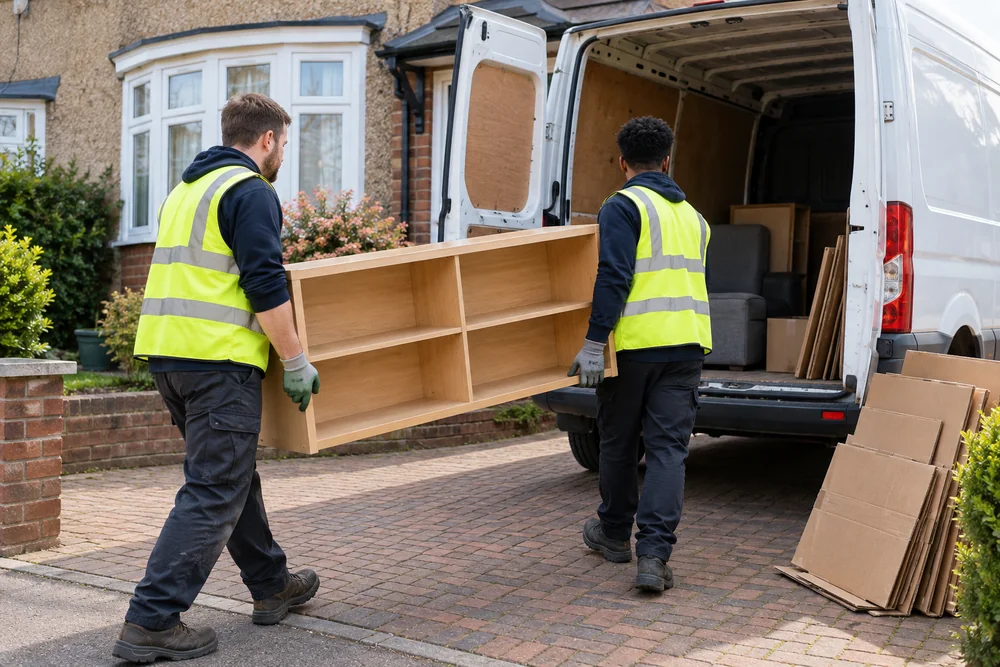 Two workers carrying ordinary household items towards an unbranded van