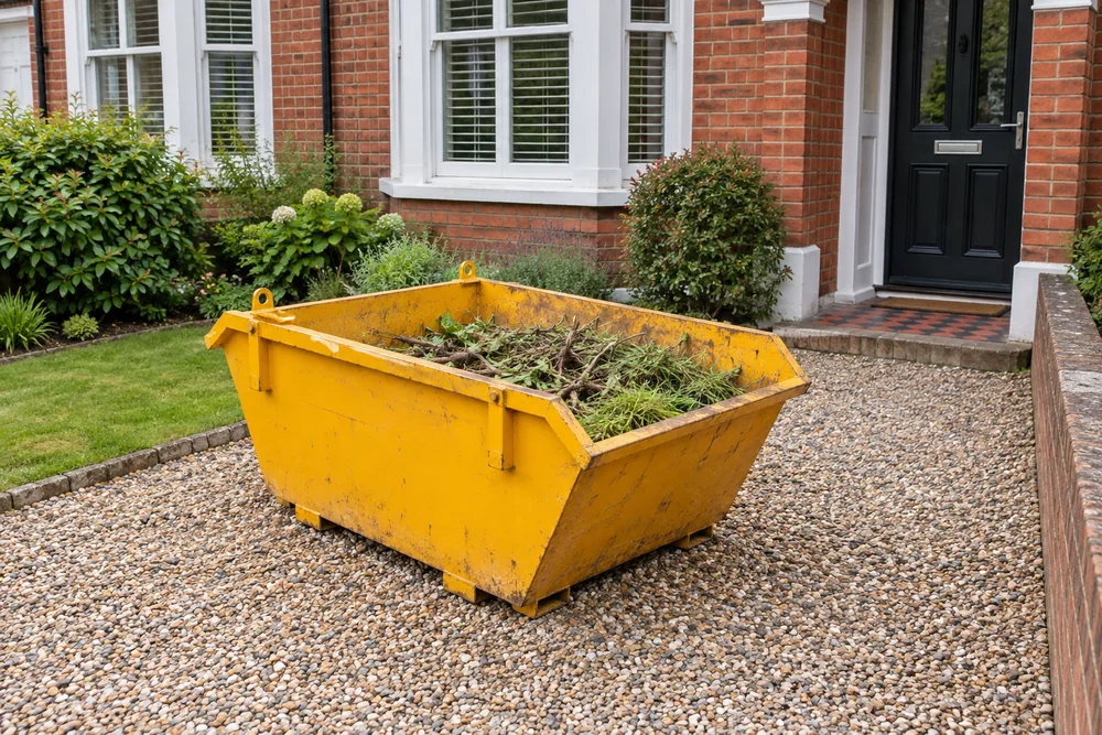 Yellow skip beside a house with access space visible