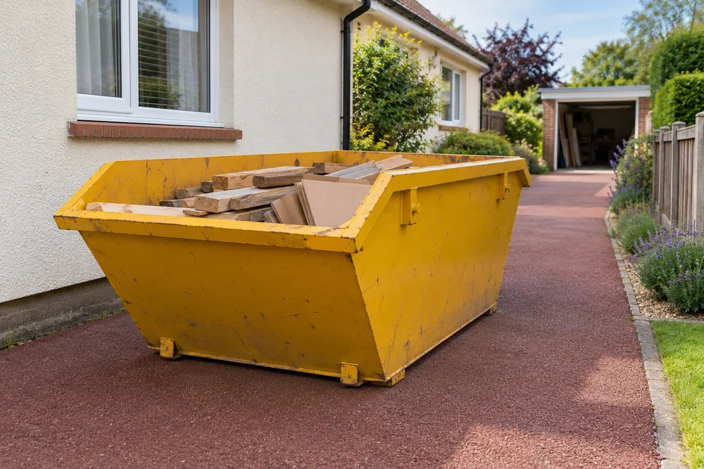 Yellow skip beside a house with access space visible