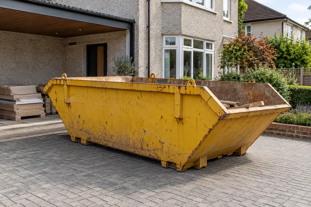 Renovation waste below the rim of a yellow skip
