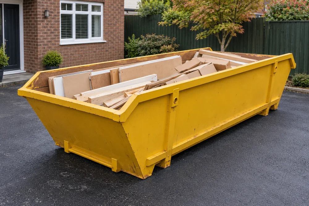 Renovation waste below the rim of a yellow skip