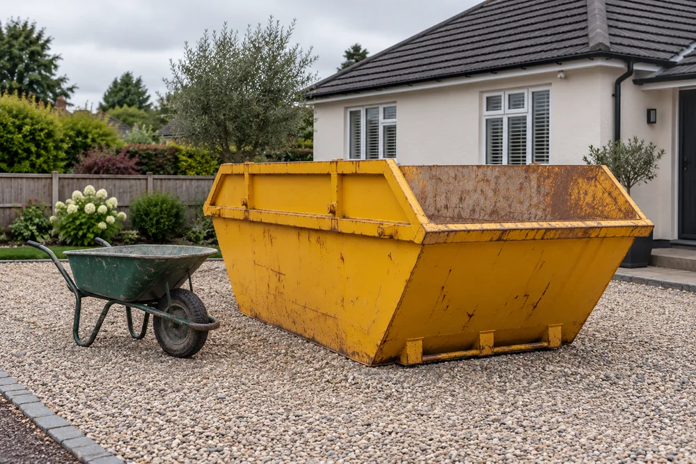 Yellow skip on a driveway beside a garden wheelbarrow