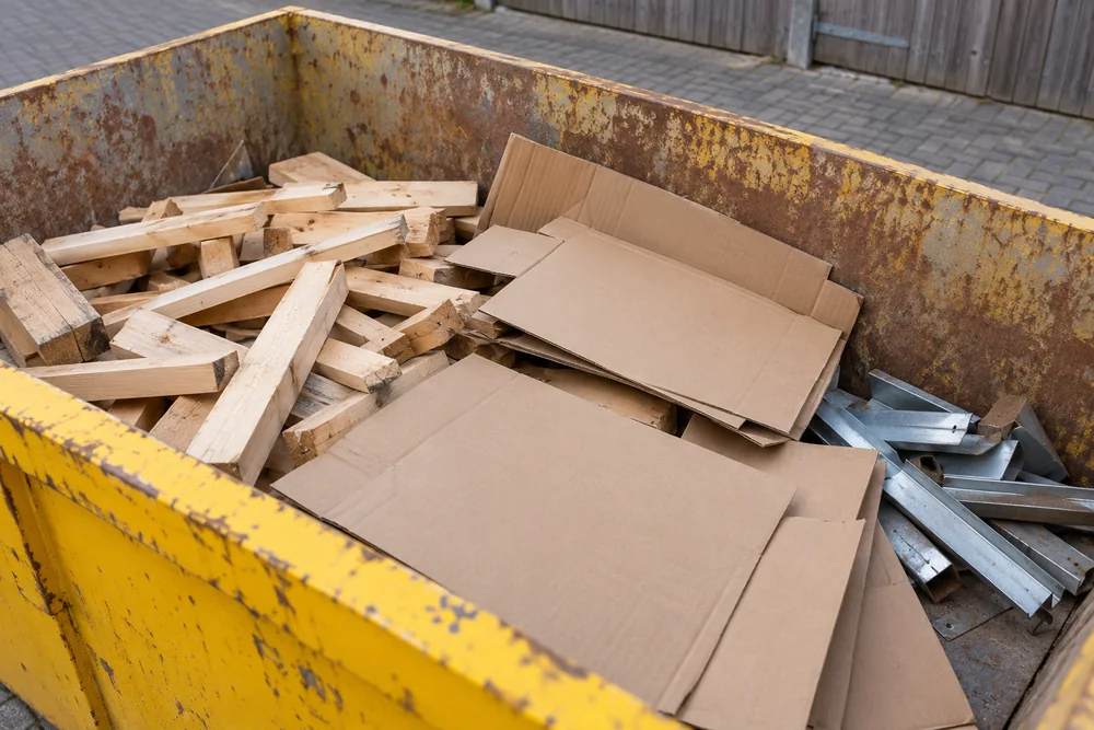 Timber, cardboard and metal offcuts kept below the rim of a yellow skip